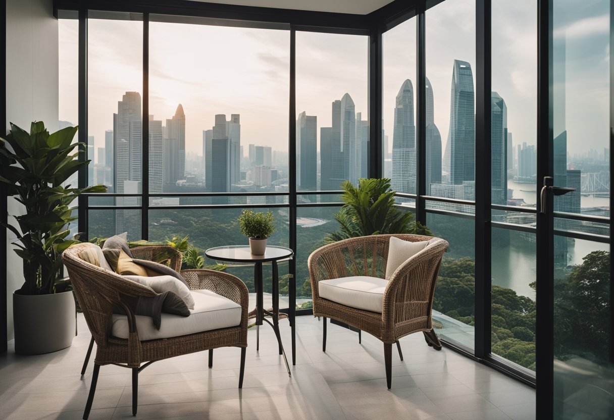 A cozy balcony with stylish furniture, overlooking Singapore's skyline. Lush greenery and modern decor create an elegant outdoor setting