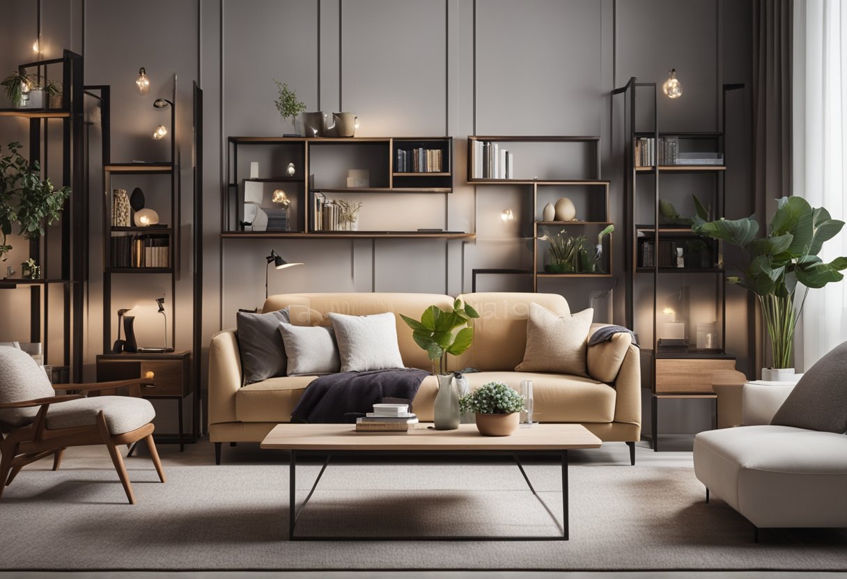 A cozy living room with modern furniture, soft lighting, and a sleek design. A bookshelf filled with stylish home decor items and a comfortable sofa with plush cushions