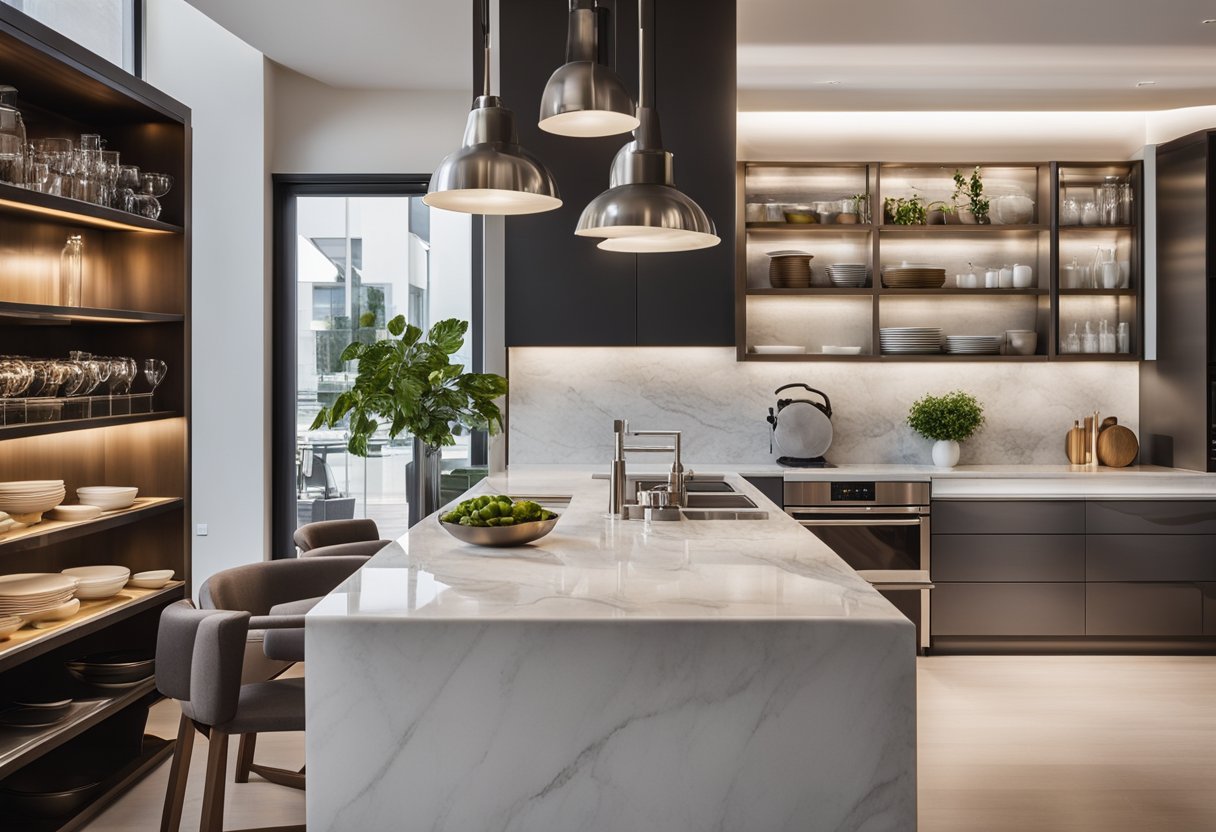 Sleek, minimalist kitchen with marble countertops, stainless steel appliances, and a large island with bar seating. Open shelving displays modern dishware and cookware