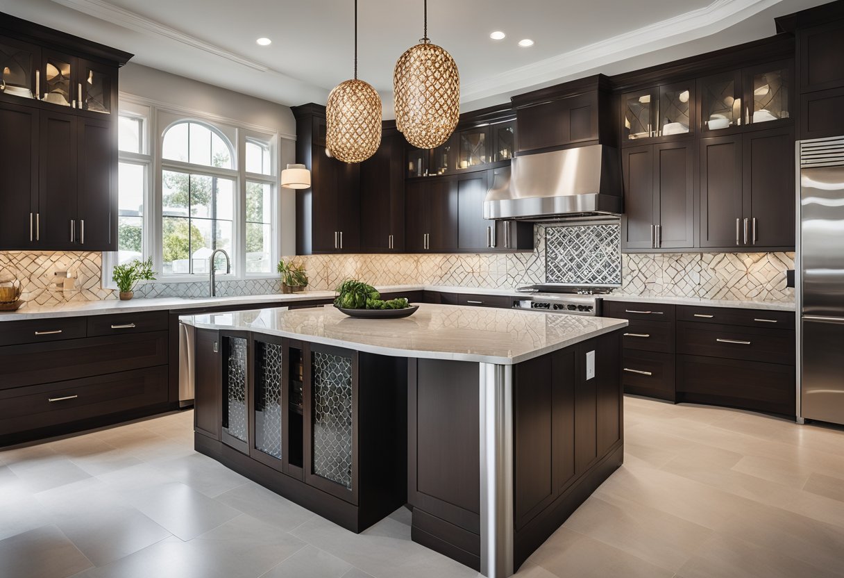 A sleek, open-concept kitchen with geometric tilework, rich wood cabinetry, and stainless steel appliances. A large central island with a marble countertop and intricate pendant lighting completes the modern Moroccan aesthetic