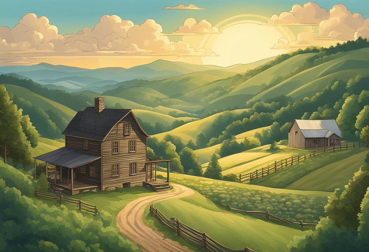 A rustic wooden sign reads "Appalachian Baby Names" amidst rolling hills and a quaint farmhouse