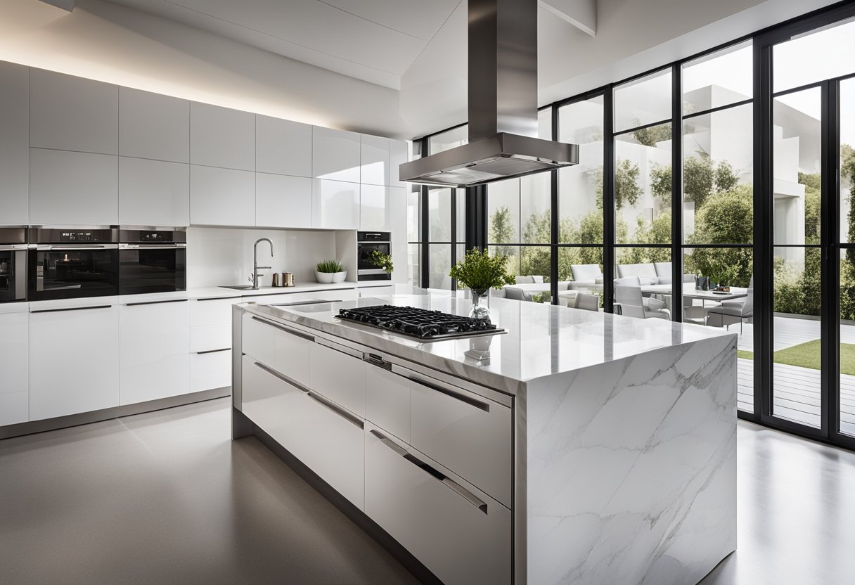 A sleek, minimalist Italian kitchen with stainless steel appliances, marble countertops, and glossy white cabinets. Large windows flood the space with natural light, and a statement pendant light hangs above the island