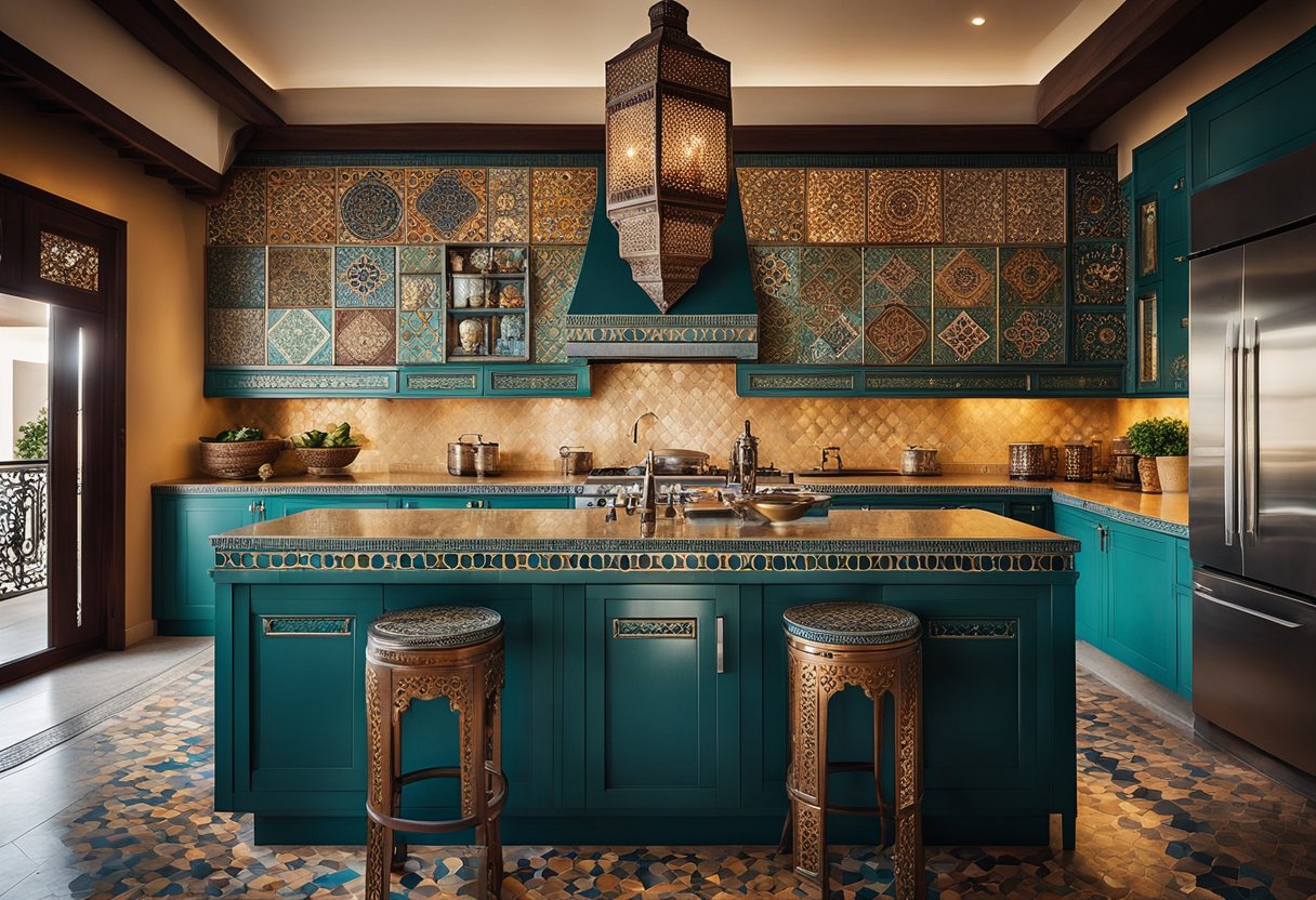 A modern Moroccan kitchen with vibrant mosaic tiles, ornate metal lanterns, and intricate wood carvings. Rich colors and textures create a warm and inviting atmosphere