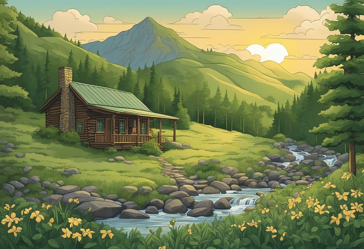 Lush green mountains overlook a rustic cabin with a sign reading "Appalachian Baby Names." Wildflowers bloom around the entrance, and a gentle stream flows nearby