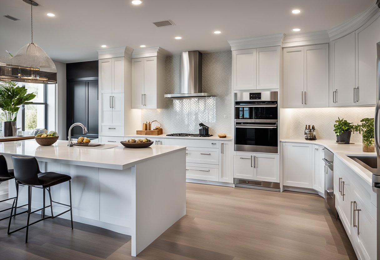 A spacious, open-concept kitchen with sleek, white cabinetry, stainless steel appliances, and a large island with a built-in stovetop. The design features clean lines, minimalistic decor, and ample natural light