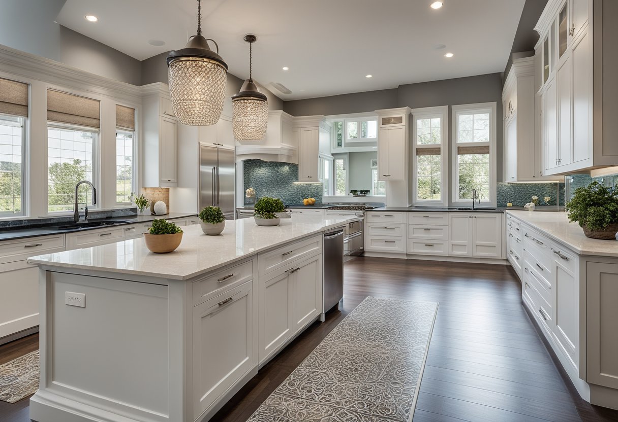 A spacious, open-concept kitchen with sleek, white cabinets, intricate tile work, and a large central island with a built-in stovetop
