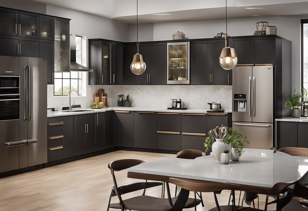 A 10x10 modular kitchen with sleek cabinets, stainless steel appliances, granite countertops, and a central island with bar seating