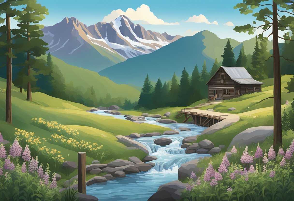 A serene mountain landscape with a flowing river, blooming wildflowers, and a rustic wooden sign with "Appalachian Baby Names" in elegant lettering