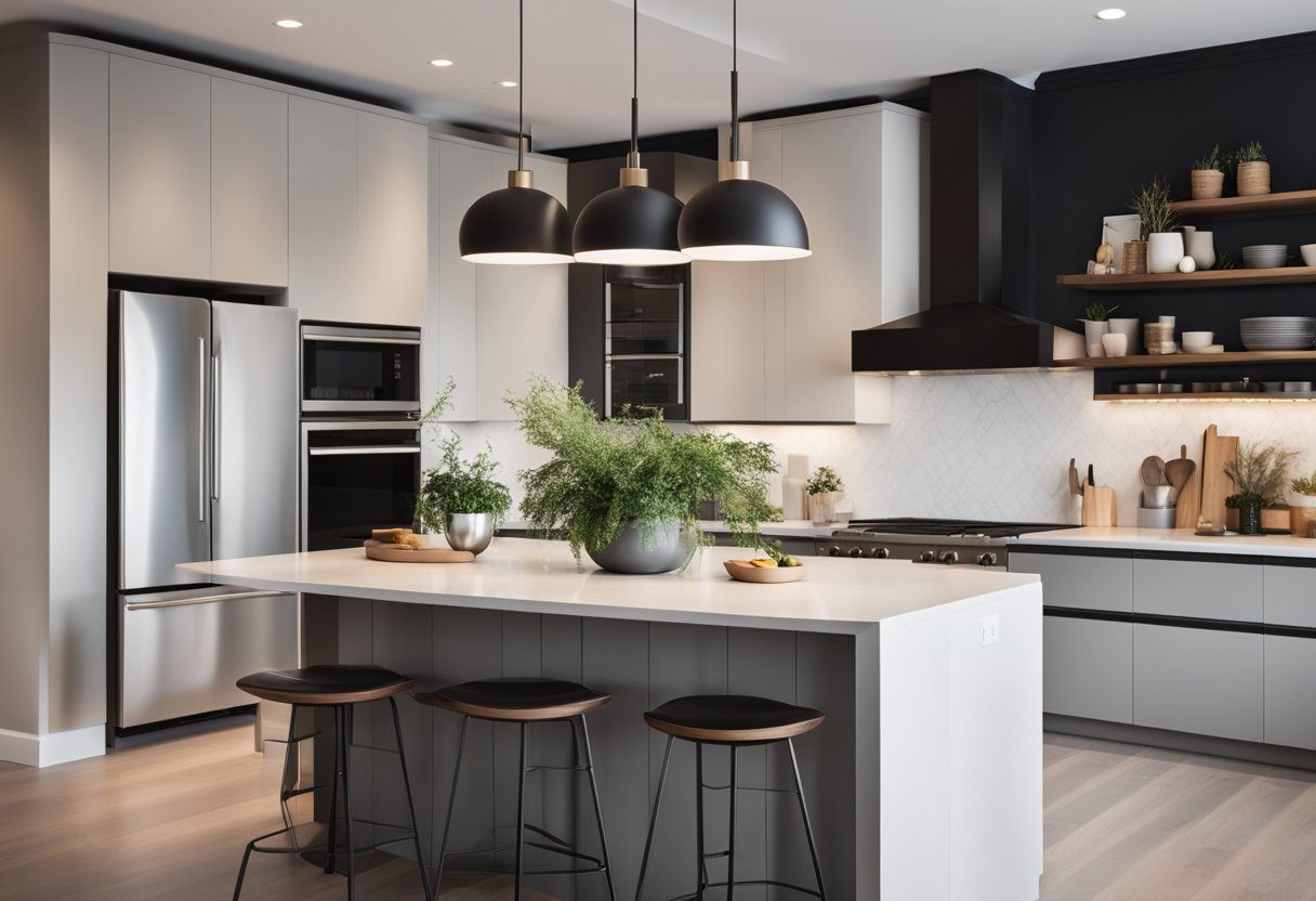 A sleek, minimalist kitchen with clean lines and high-end appliances. Neutral color palette with pops of bold, modern accents. Open shelving and a large island for entertaining