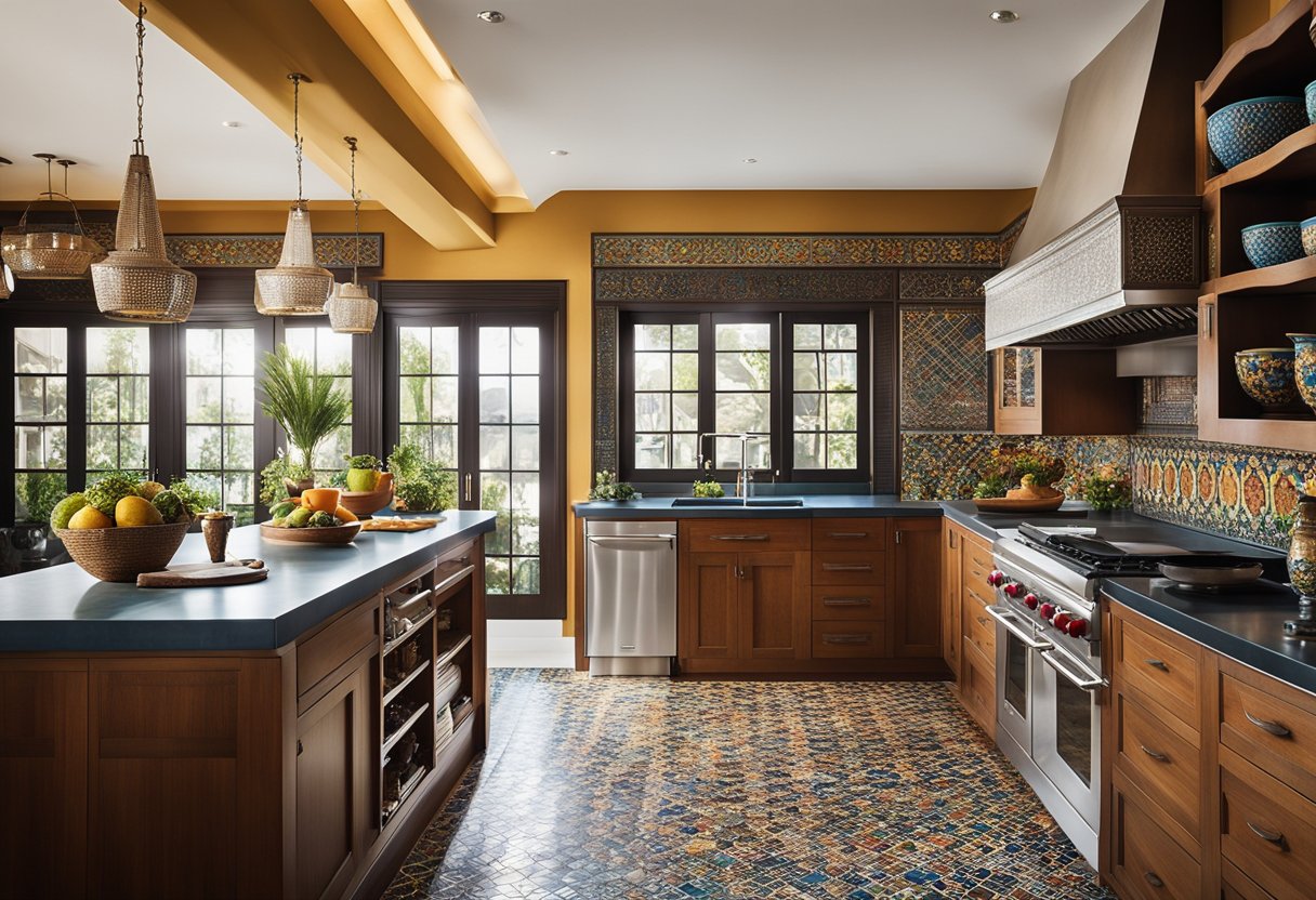 A sleek, modern Moroccan kitchen with vibrant mosaic tiles, ornate metal light fixtures, and rich wood cabinetry. A large central island provides ample workspace, while colorful textiles and pottery add warmth and character