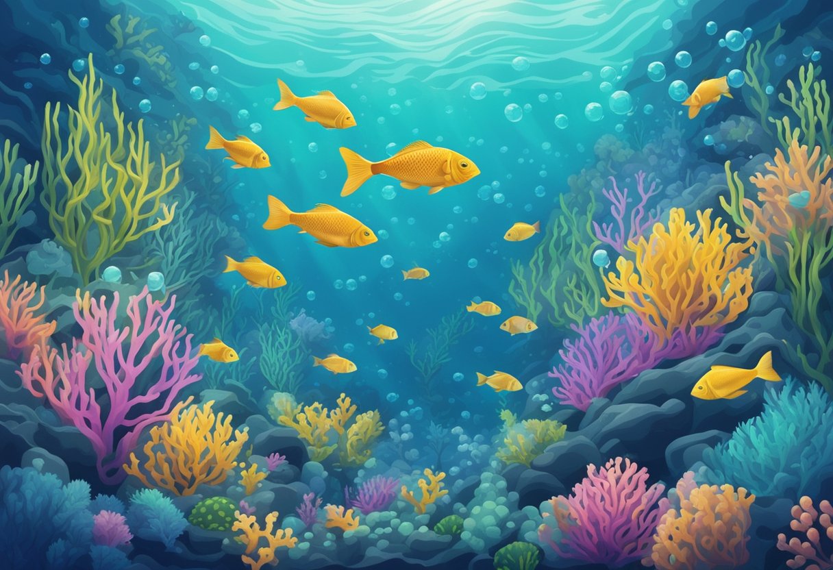 A serene underwater world with floating bubbles and seaweed, surrounded by colorful fish and gentle waves