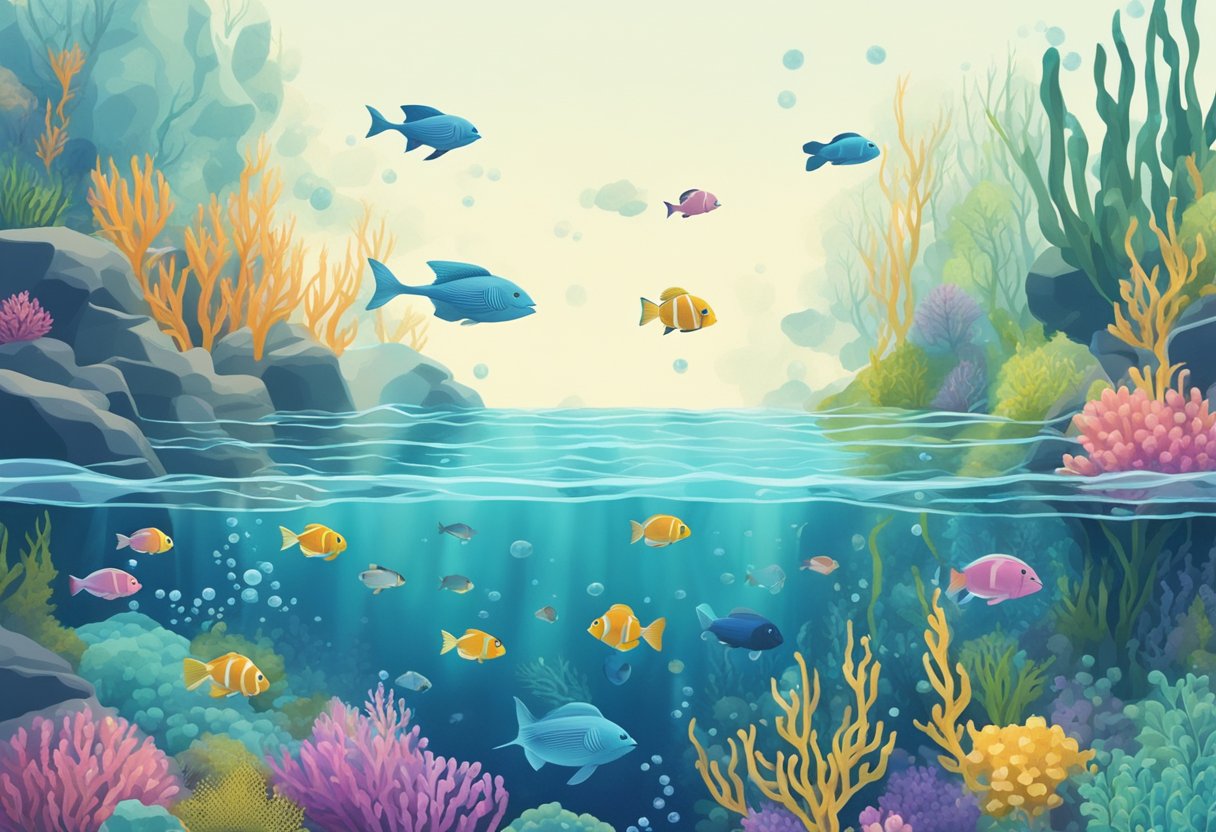 A serene underwater scene with colorful aquatic life and bubbles, evoking a sense of tranquility and beauty