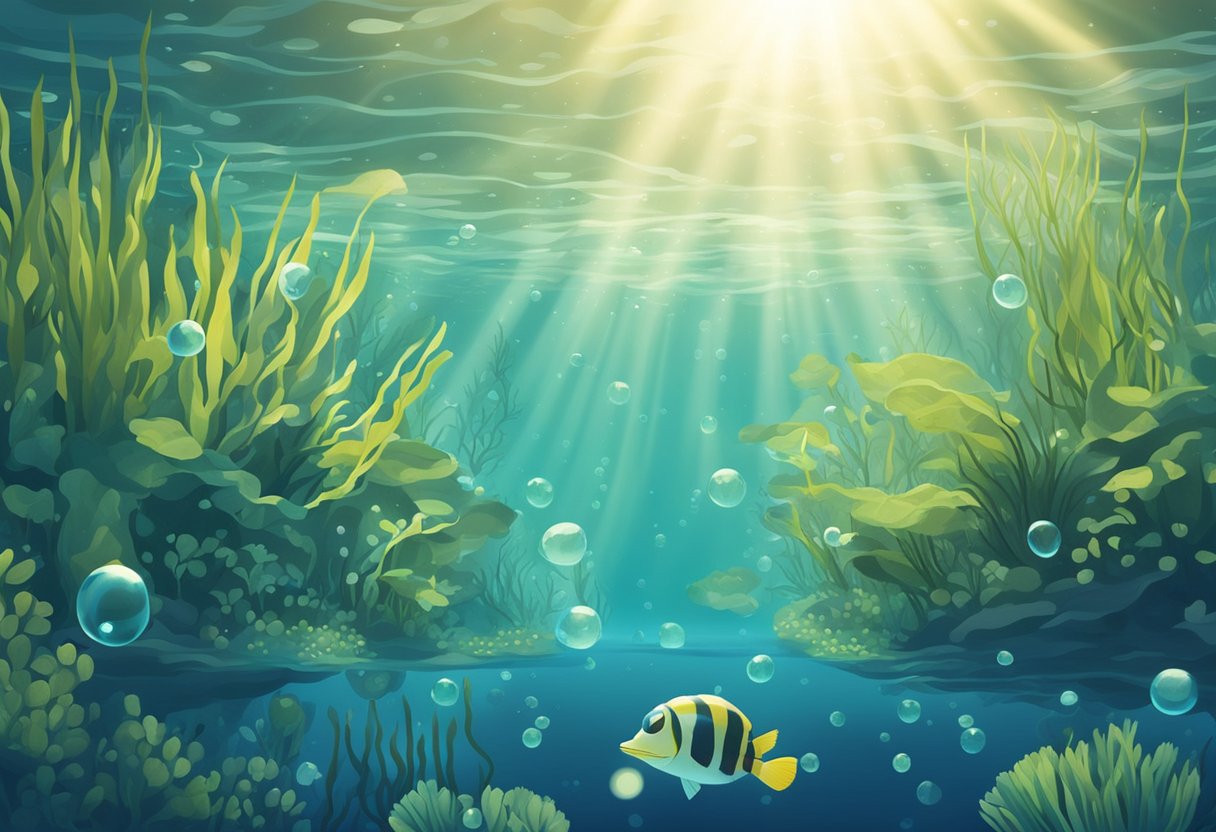 A serene underwater scene with floating bubbles and aquatic plants, with a soft glow of sunlight filtering through the water