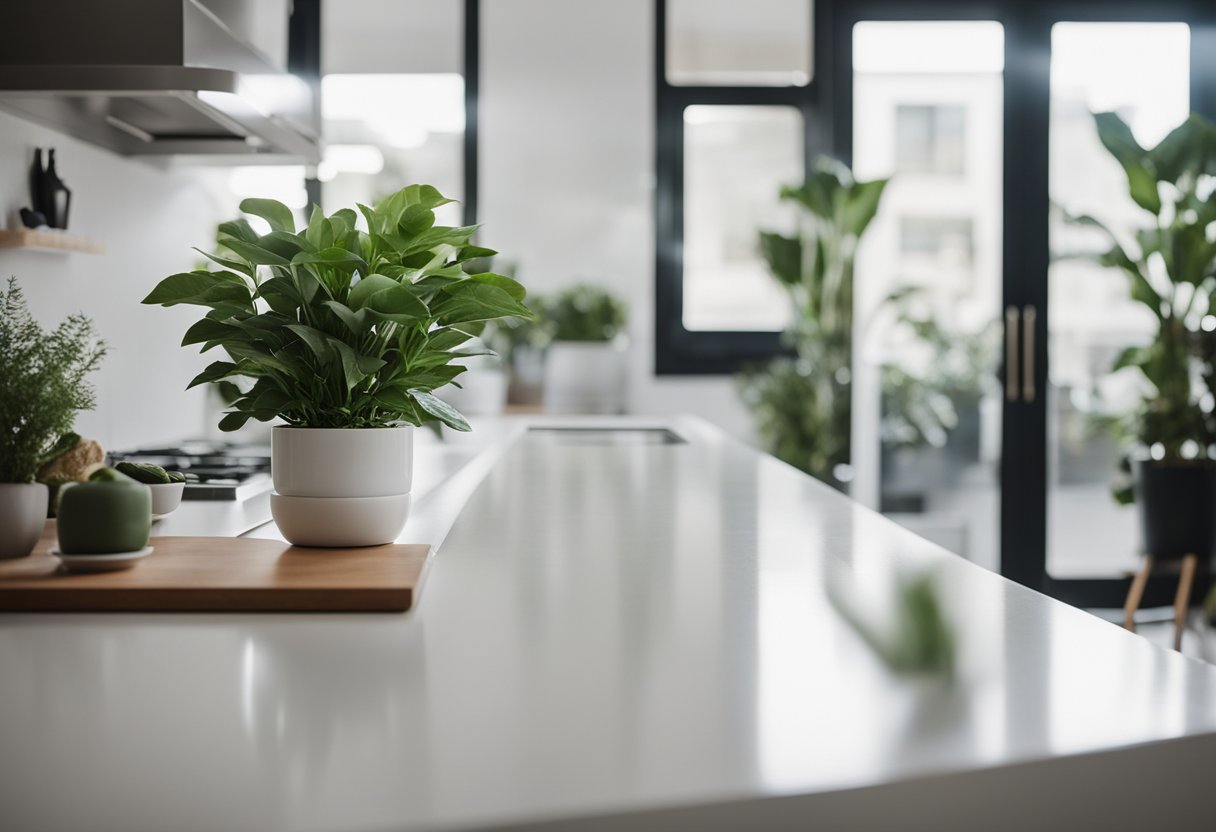 A clean, white kitchen counter with minimal clutter and a potted plant in the corner