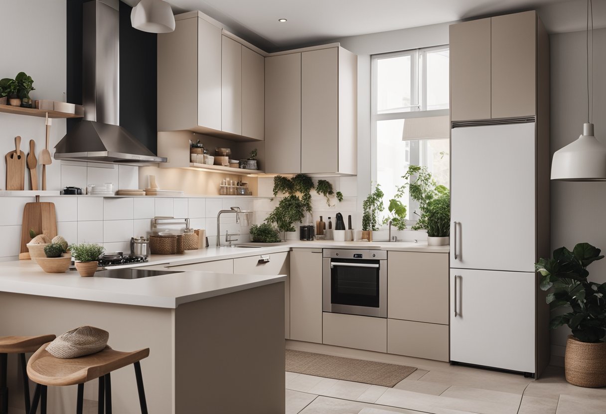 A cozy, compact kitchen with minimalistic design. Neutral colors, sleek countertops, and efficient storage