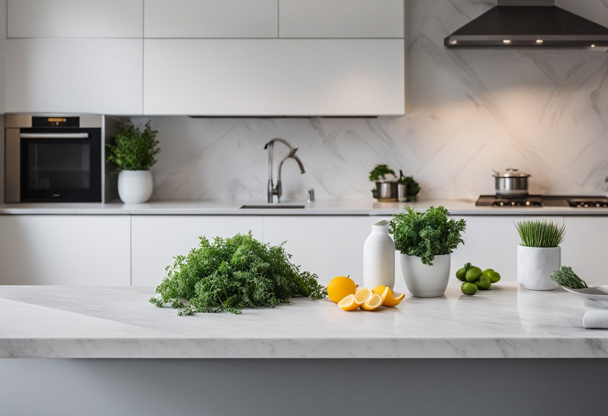 A clean, minimalist kitchen counter with white marble top and sleek stainless steel appliances. A potted plant sits in the corner, adding a touch of greenery to the space