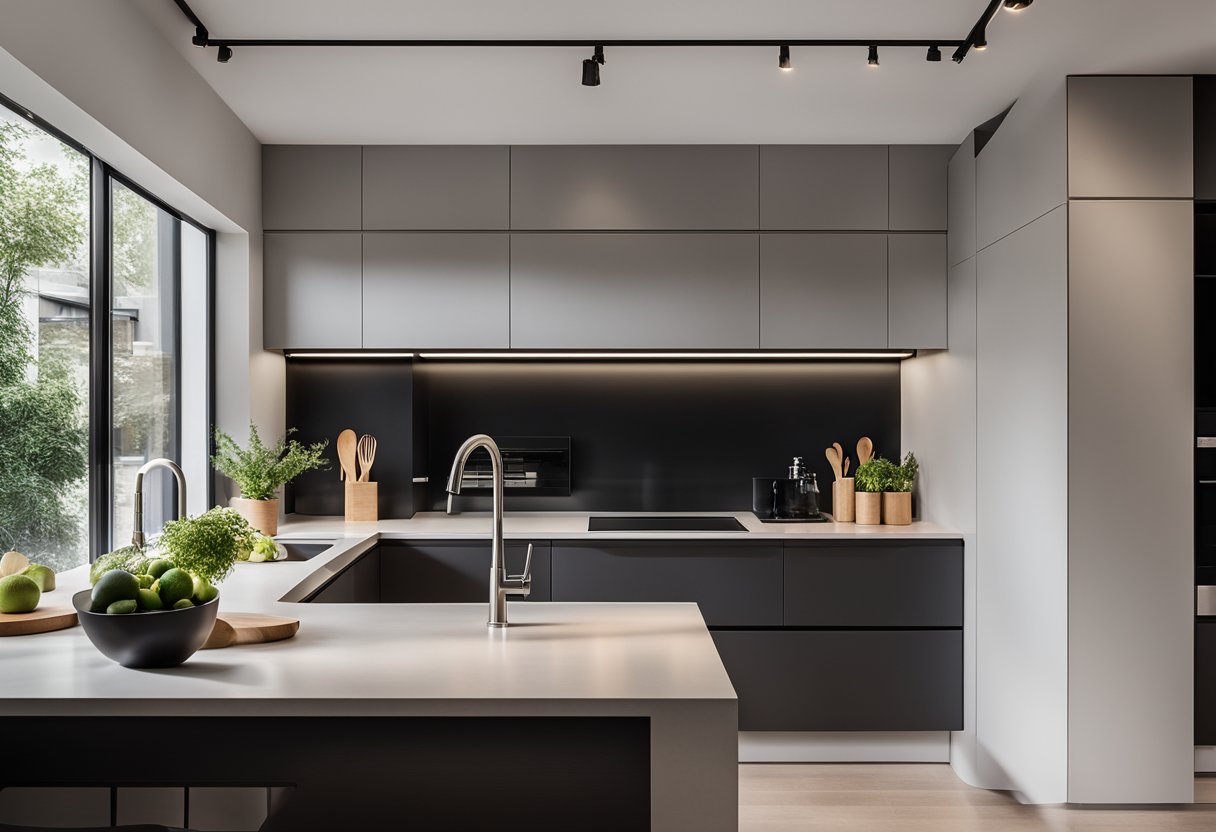 A sleek, minimalistic kitchen counter with clean lines, integrated storage, and subtle lighting, blending functionality with modern aesthetics