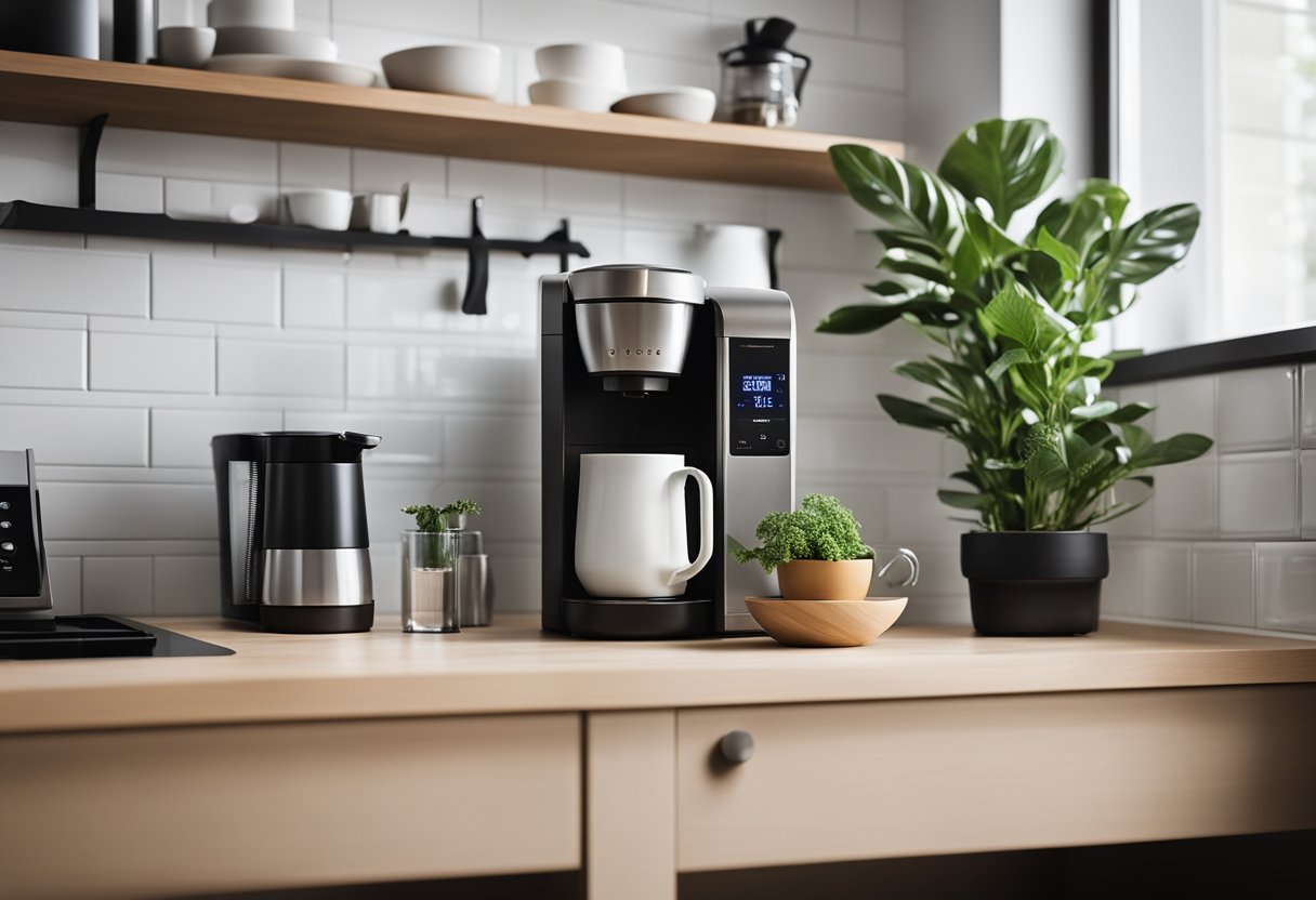 A clean, minimalist kitchen counter with organized utensils, a sleek coffee maker, and a potted plant