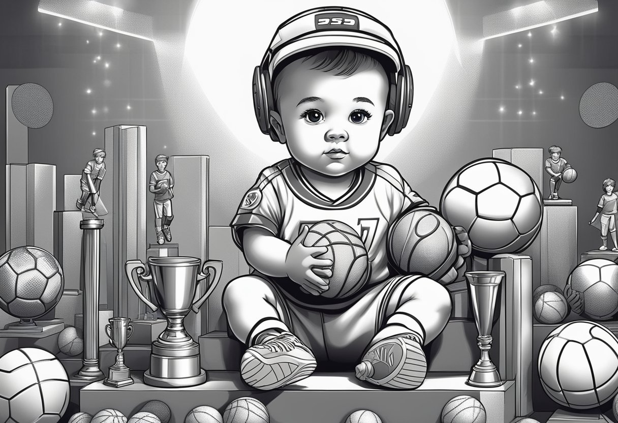 A baby girl in a sports jersey with a basketball, soccer ball, and baseball bat, surrounded by trophies and medals