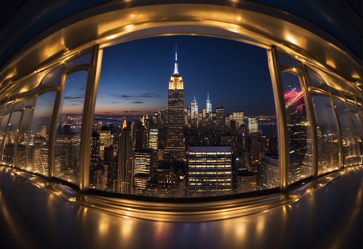 A panoramic view of New York City with iconic landmarks and activities, all depicted in vibrant colors and intricate details