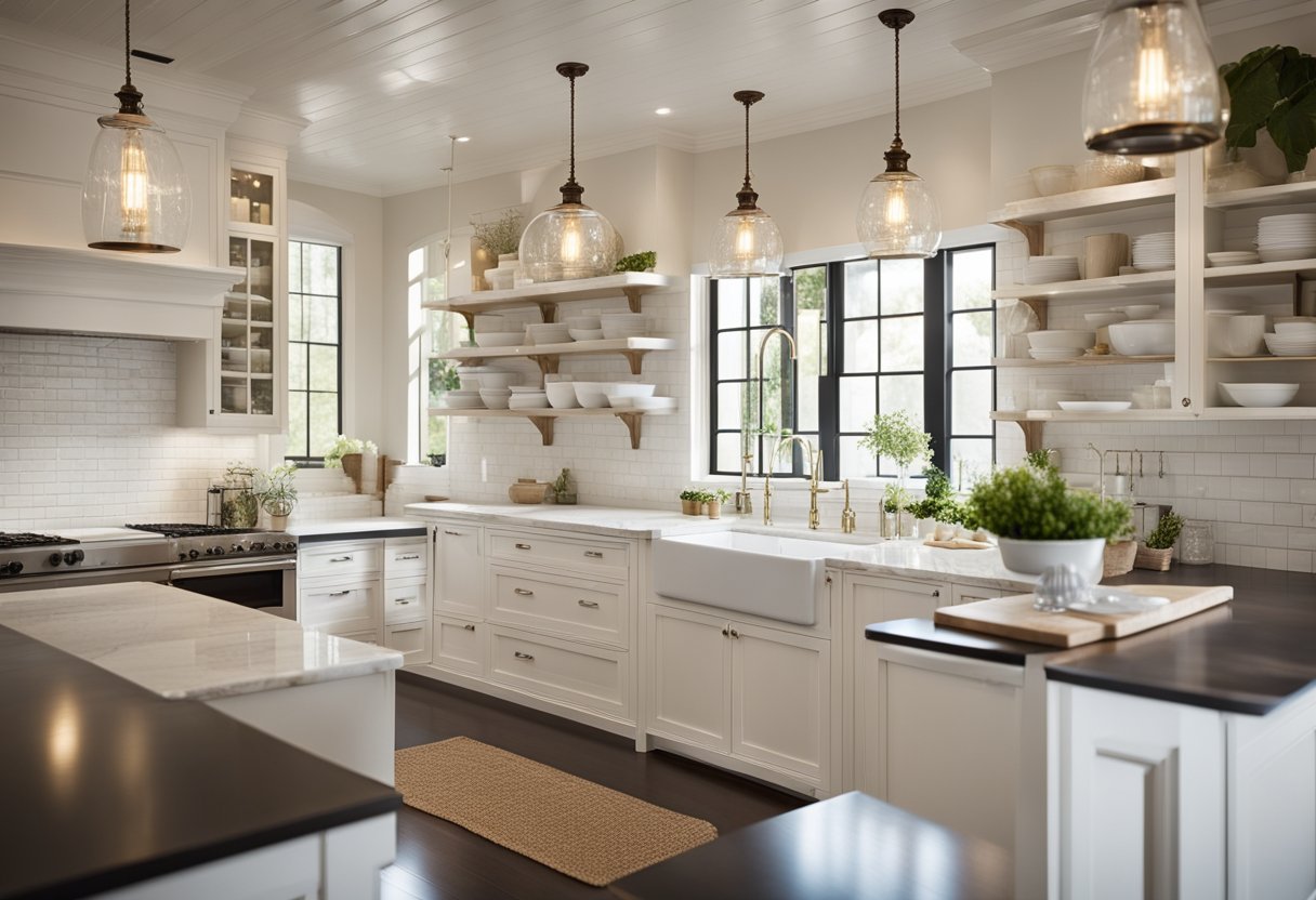A spacious kitchen with white marble countertops, vintage pendant lights, and a farmhouse sink. Open shelving displays classic white dishes and glassware