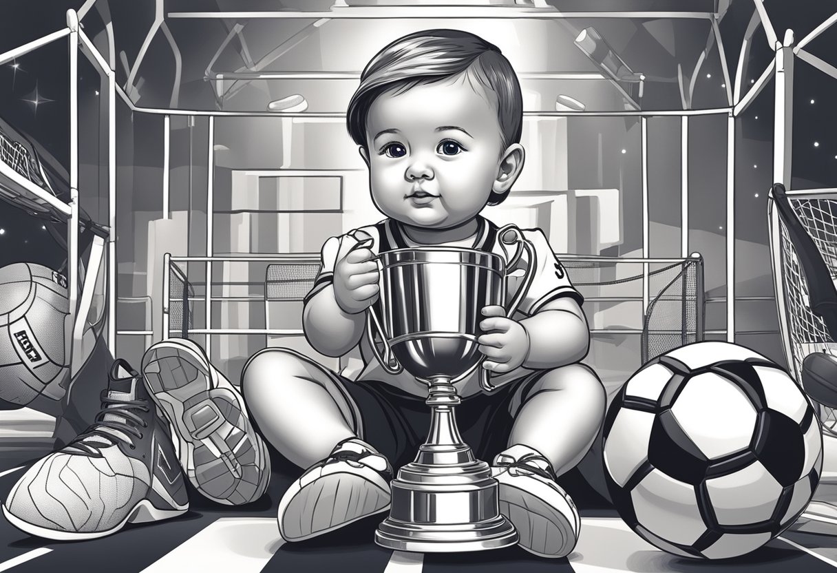 A baby girl in athletic gear surrounded by sports equipment and a trophy