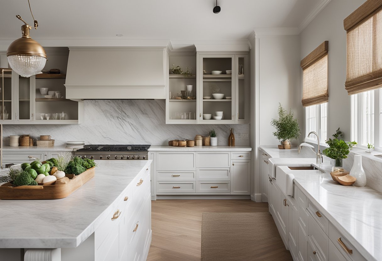 A spacious kitchen with clean lines, neutral color palette, and natural materials. Large windows bring in natural light, highlighting the marble countertops and vintage-inspired fixtures