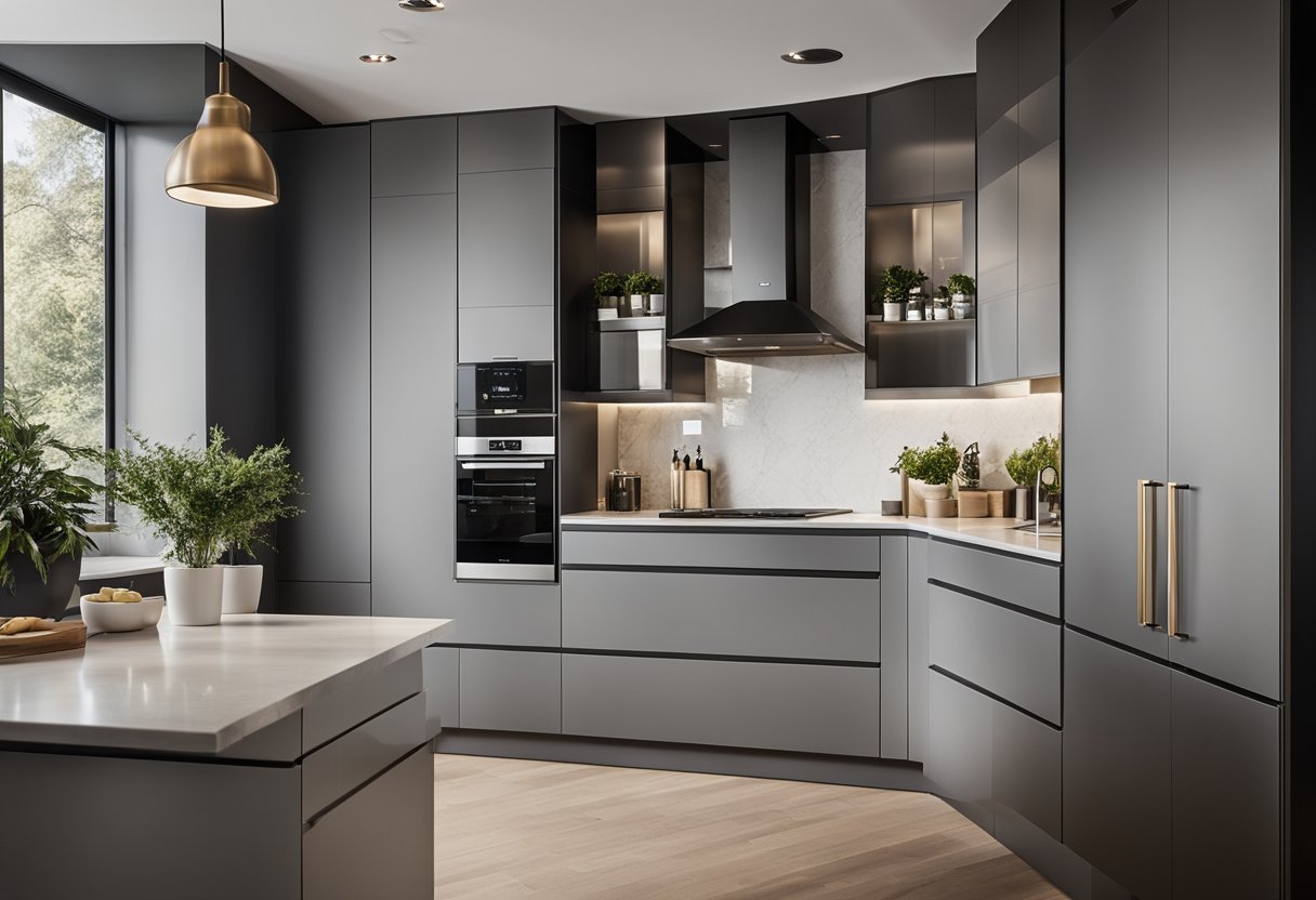 A modern kitchen with sleek, custom cabinets and a central island with integrated appliances. The layout maximizes space and functionality with innovative design features