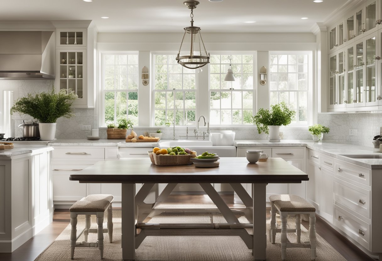 A spacious, well-lit kitchen with classic white cabinetry, marble countertops, and stainless steel appliances. A large farmhouse sink sits beneath a window, while a cozy breakfast nook with a round table and upholstered chairs completes the inviting space