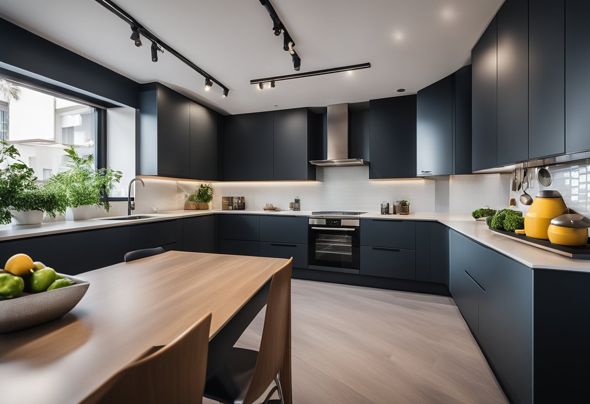 A sleek kitchen with bold colors and innovative materials, featuring cutting-edge design elements
