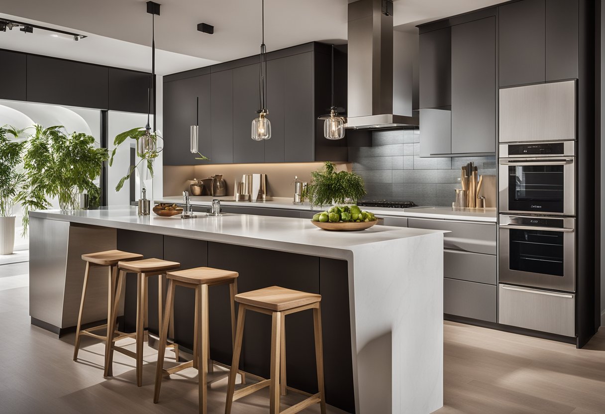 A modern kitchen with innovative features, sleek countertops, and creative storage solutions. A large island serves as the focal point, while unique lighting fixtures add a touch of elegance