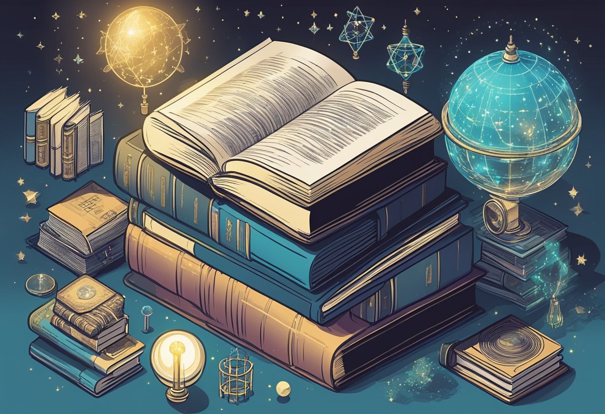 A collection of book titles with atheistic themes, surrounded by symbols of science and reason