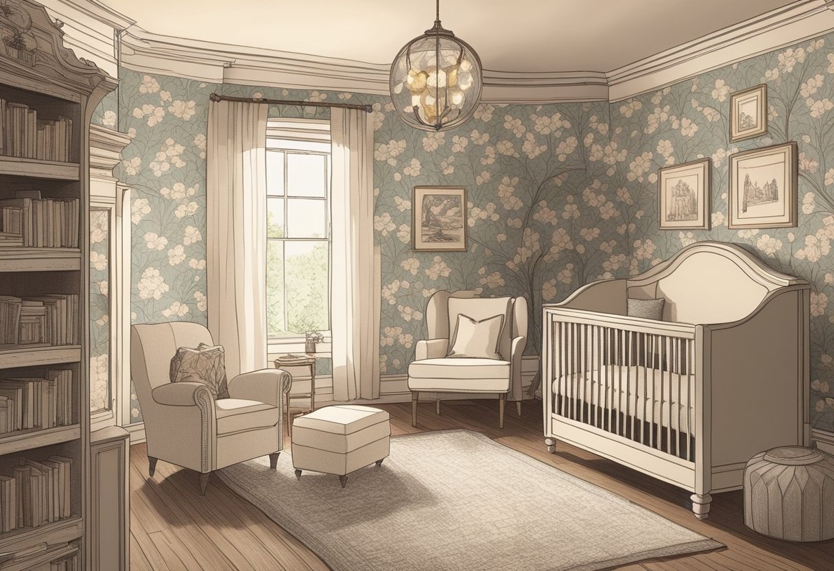 A vintage-inspired nursery with shelves of classic novels, a cozy reading nook, and delicate floral wallpaper