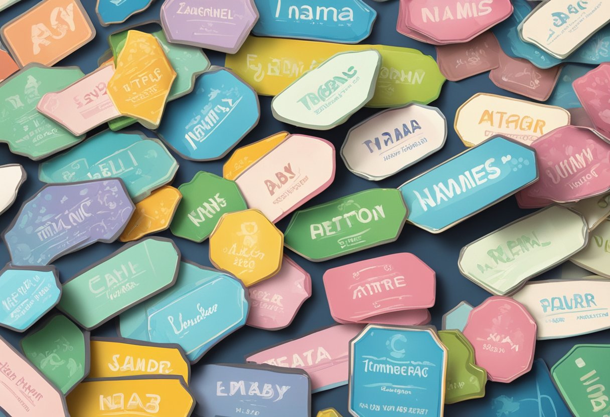 A collection of colorful name tags with "avatar baby names" written on them, arranged in a playful and whimsical manner