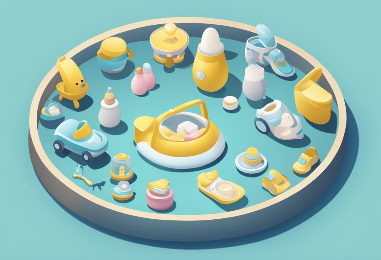 A collection of baby items arranged in a circle, with a glowing avatar symbol at the center