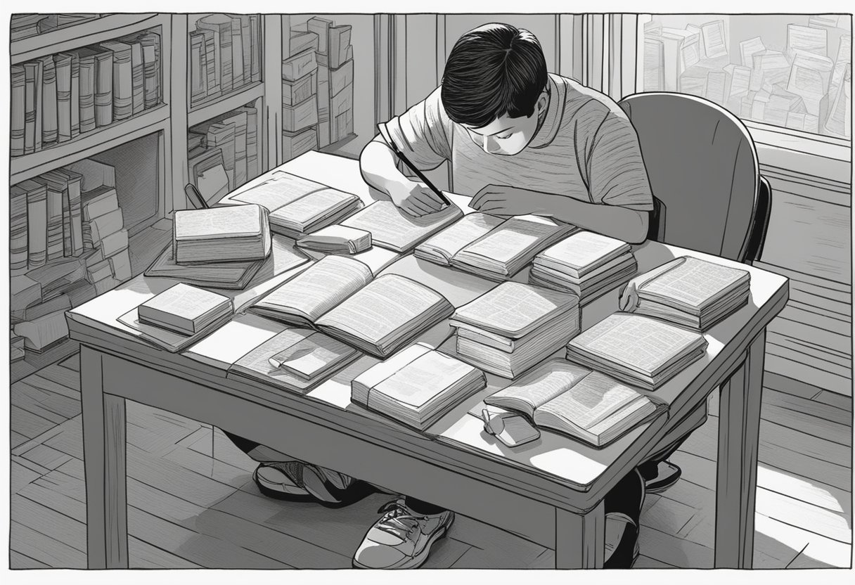 A table covered in baby name books, a notepad, and a pencil. A person sits, deep in thought, surrounded by name ideas and inspiration