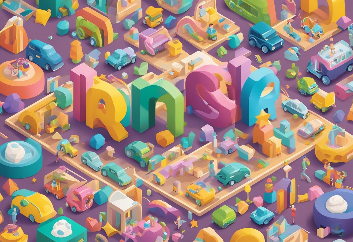 A colorful display of "Best Names" baby names with "ay" in bold lettering, surrounded by playful illustrations of babies and toys