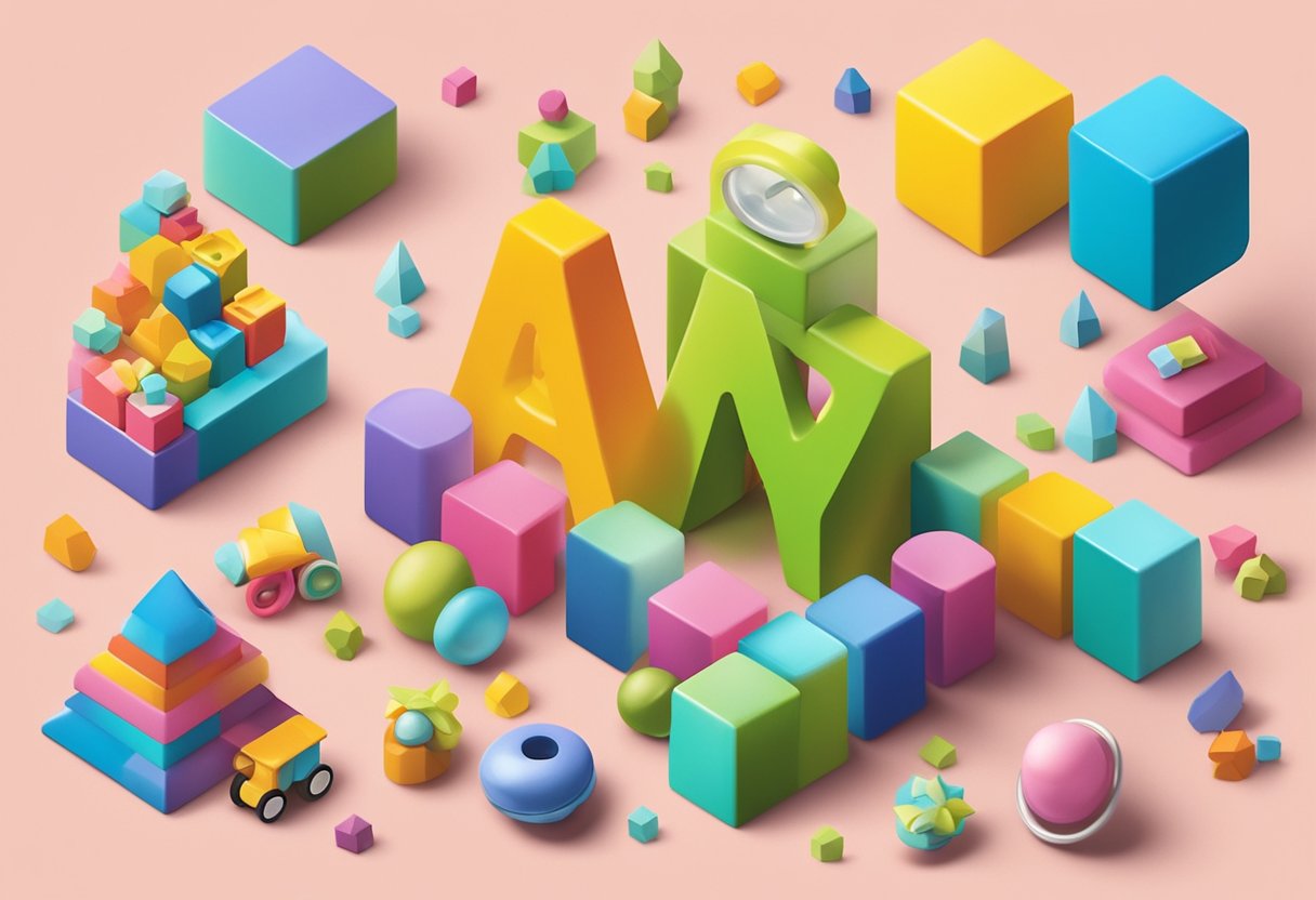 Colorful blocks spell out 'Ay' in a playful font, surrounded by baby-themed illustrations like rattles and pacifiers