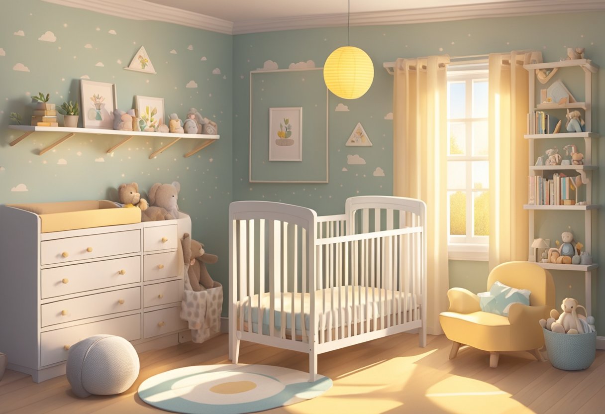A cozy nursery with pastel walls, a crib with fluffy bedding, and shelves of baby books and toys. Sunshine streams through the window, casting a warm glow over the room