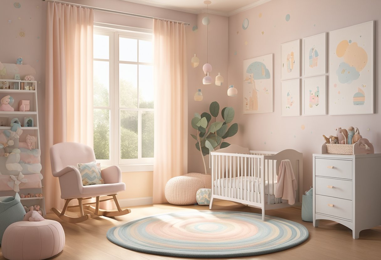 A nursery with soft pastel colors, alphabet wall decals, and a cozy rocking chair by the window