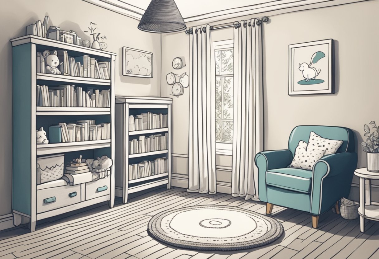 A cozy nursery with shelves of baby name books, a chalkboard for brainstorming, and a comfy chair for parents to sit and discuss potential names