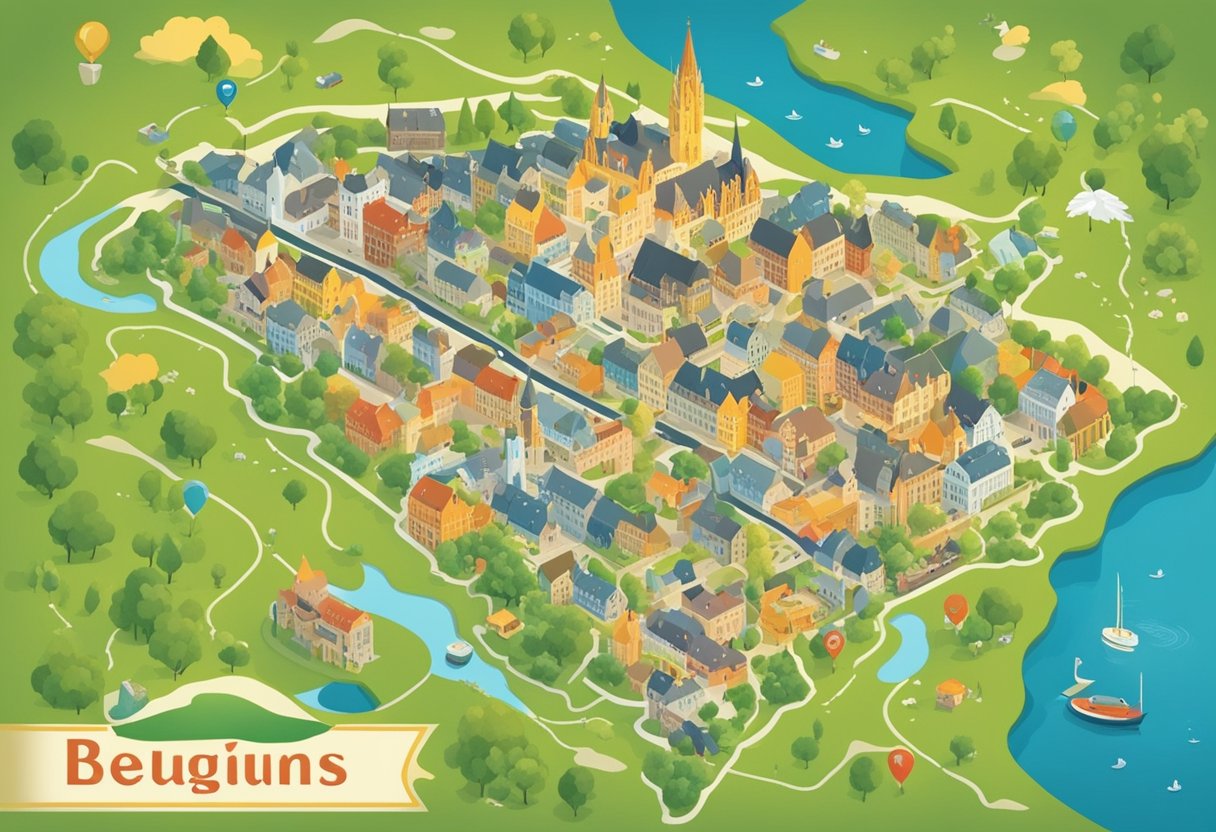 A colorful map of Belgium with a stork delivering a bundle of baby names