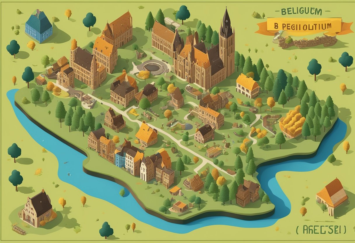A colorful map of Belgium surrounded by symbols of waffles, chocolate, and beer, with a background of historic architecture and rolling countryside