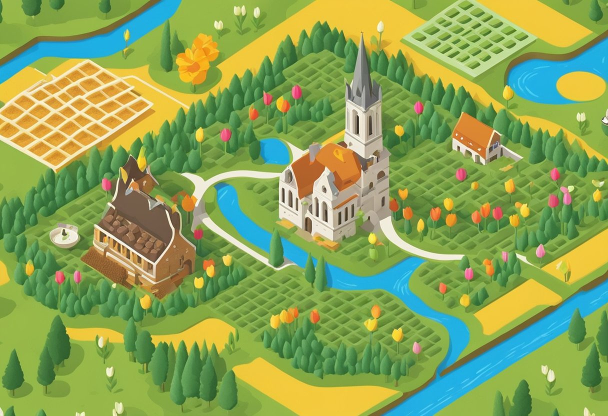 A map of Belgium surrounded by symbols of waffles, chocolate, and beer, with a background of colorful tulip fields
