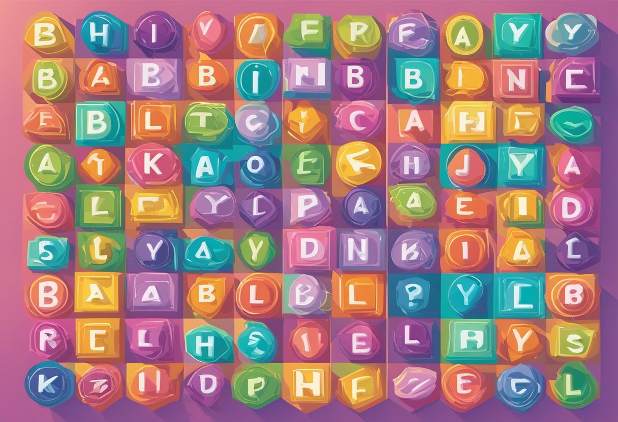 A colorful array of baby names displayed on a vibrant board, with "Best Names" in bold lettering at the top