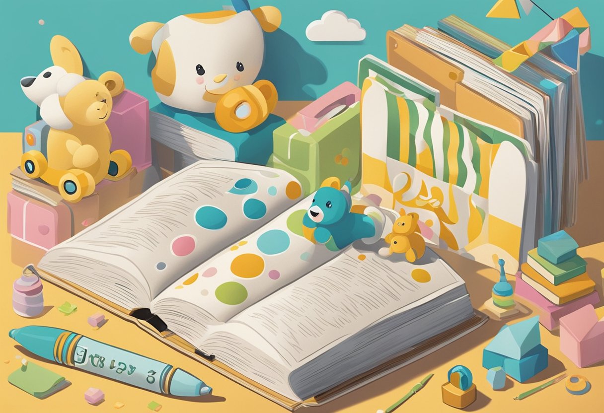 A colorful array of baby items surrounds a "Baby Names for BF" book, with a warm and inviting atmosphere