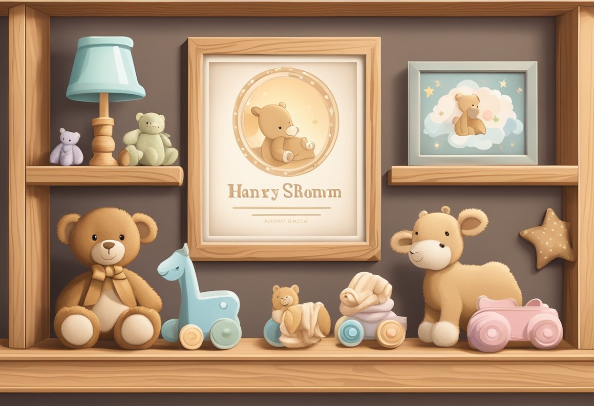 A brown baby name plaque rests on a rustic wooden shelf, surrounded by soft pastel-colored toys and a cozy blanket