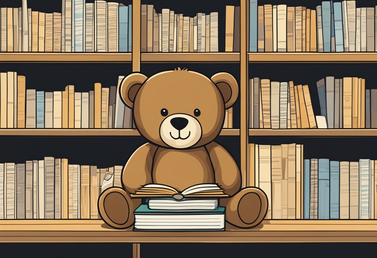 A brown teddy bear sits on a shelf, surrounded by baby name books and a list of "Best Names."