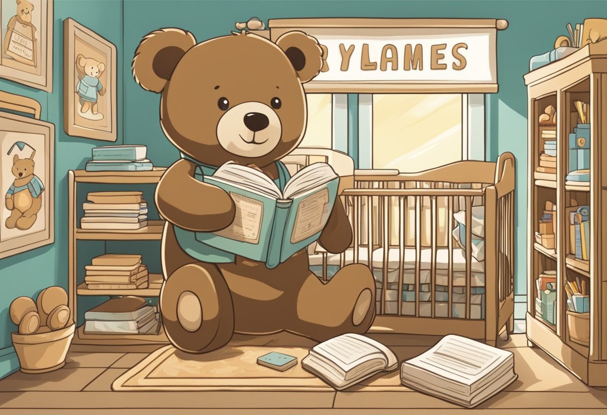 A cozy nursery with a shelf of baby name books, a plush brown teddy bear, and a sign that reads "Good Names."