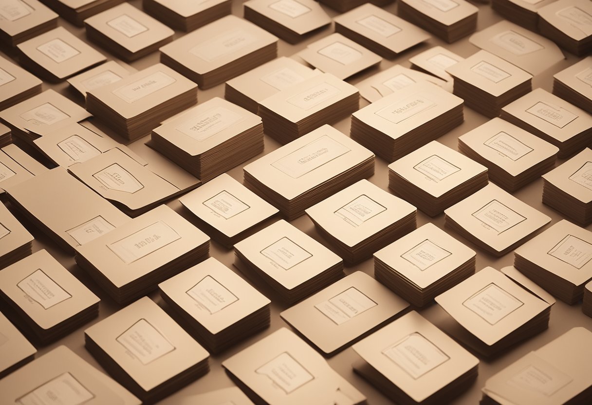 A pile of brown baby name cards arranged on a table, with a soft, warm light casting gentle shadows across the surface